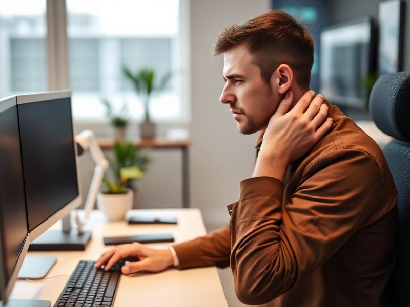 Чоловік за комп'ютером відчуває напруження в шиї